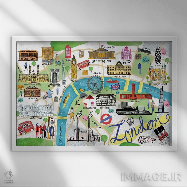تابلو نقشهٔ لندن اثر فریده زمان - نمای قابدار سفید