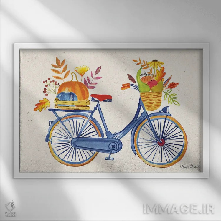 تابلو برداشت پاییزی ۱ (دوچرخه سورمهای) اثر فریده زمان - نمای قابدار سفید