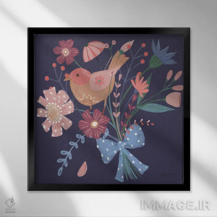 تابلو پرندگان سلطنتی ۵ روی زمینه بنفش اثر فریده زمان - نمای قابدار مشکی
