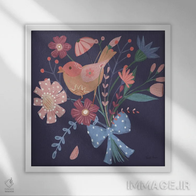 تابلو پرندگان سلطنتی ۵ روی زمینه بنفش اثر فریده زمان - نمای قابدار سفید