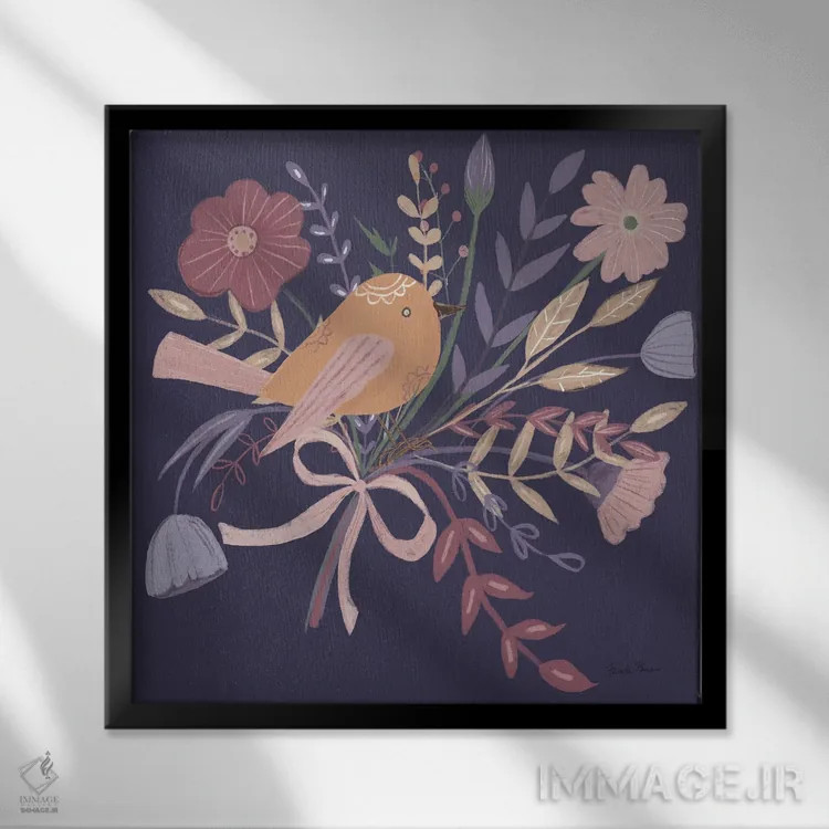 تابلو پرندگان سلطنتی ۲ روی زمینه بنفش اثر فریده زمان - نمای قابدار مشکی