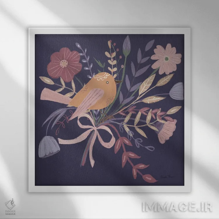 تابلو پرندگان سلطنتی ۲ روی زمینه بنفش اثر فریده زمان - نمای قابدار سفید