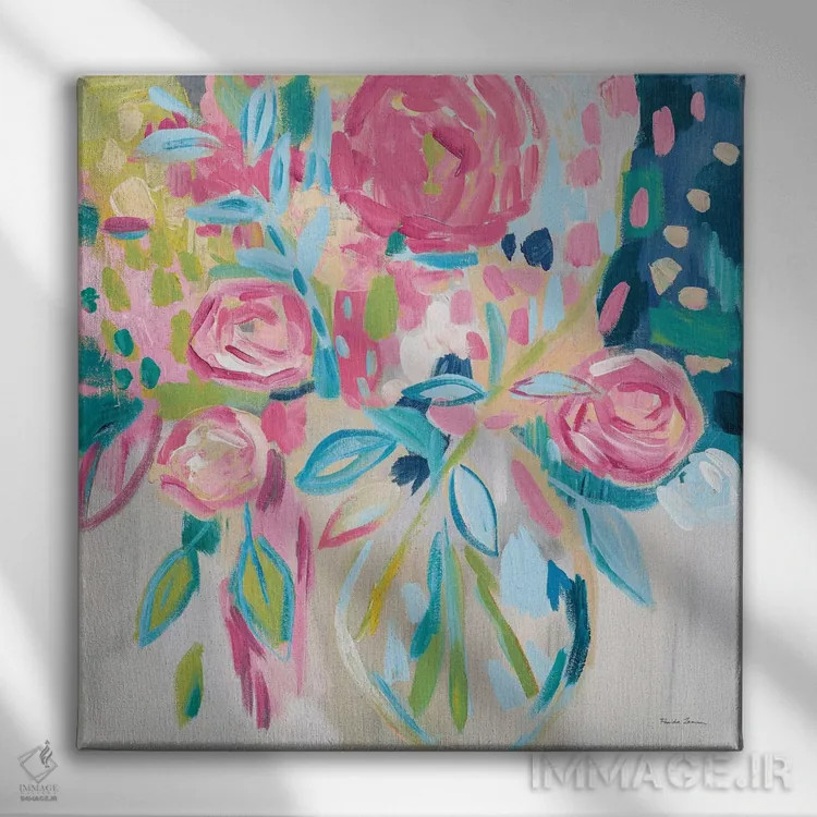 تابلو گلهای صورتی تابستان اثر فریده زمان - نمای روبهرو روی دیوار