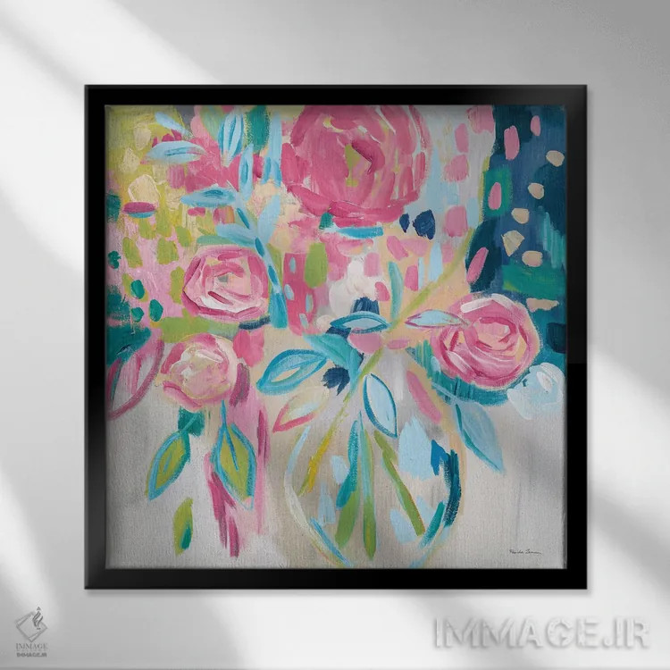 تابلو گلهای صورتی تابستان اثر فریده زمان - نمای قابدار مشکی