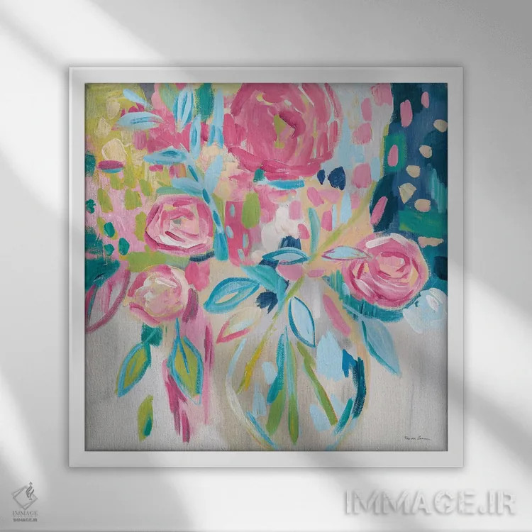 تابلو گلهای صورتی تابستان اثر فریده زمان - نمای قابدار سفید