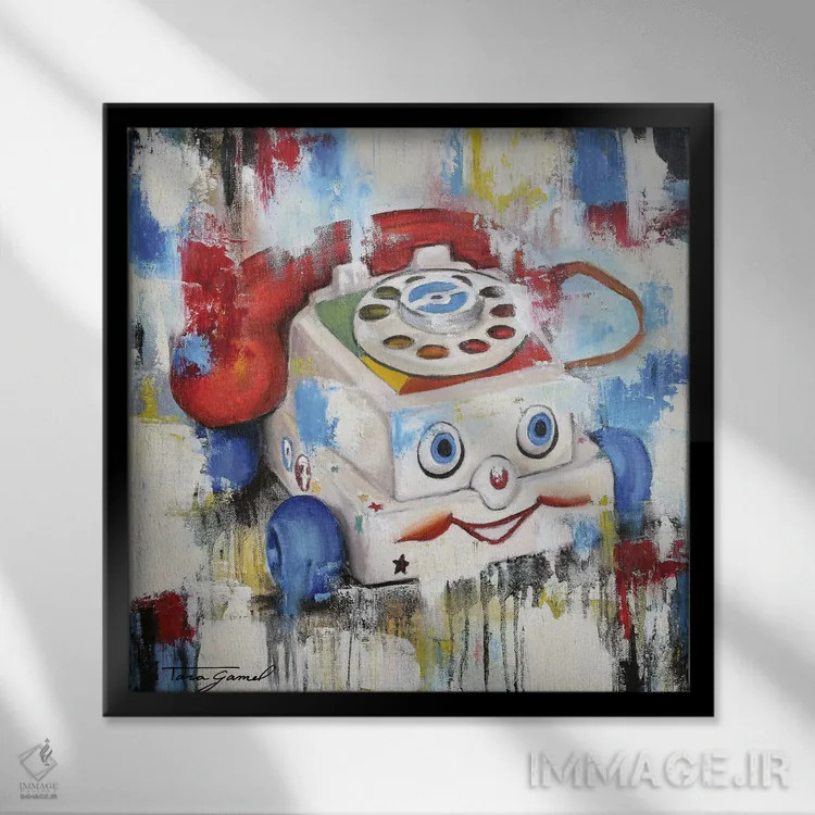 تابلو یادآوری تلفن چشم (بازی با iPhone و Eye Phone) اثر تارا گامل - نمای قابدار مشکی