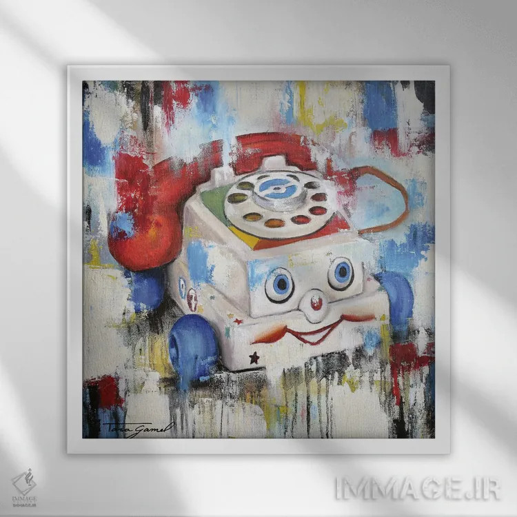 تابلو یادآوری تلفن چشم (بازی با iPhone و Eye Phone) اثر تارا گامل - نمای قابدار سفید