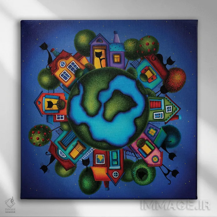 تابلو به مکان شادی ما خوش آمدید! اثر گابریلا الگعفری - نمای روبهرو روی دیوار