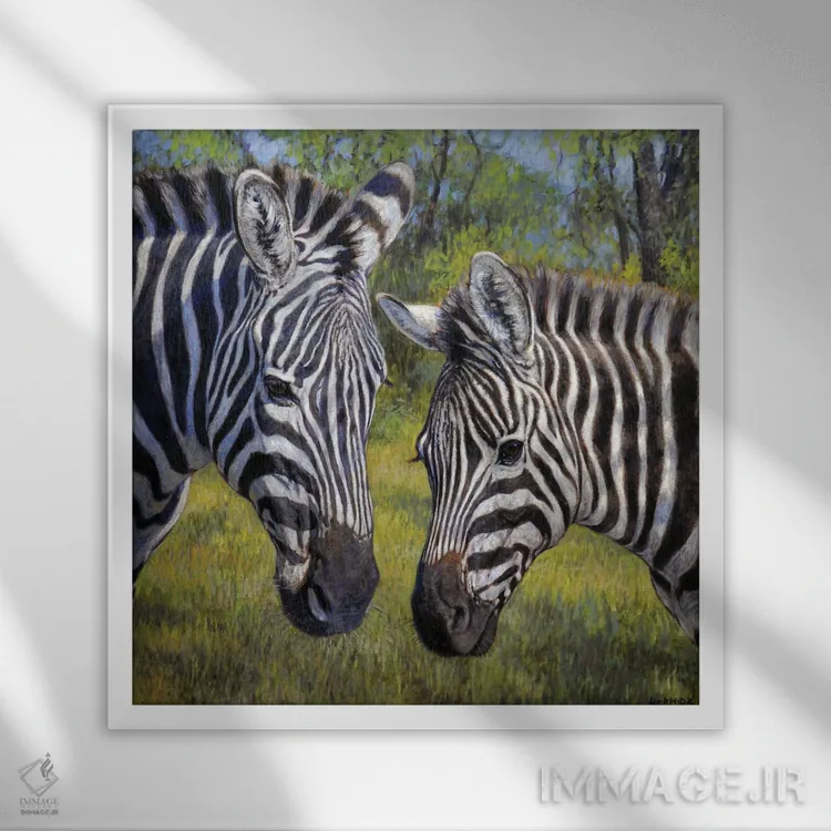 تابلو گورخرها در بوتههای انبوه اثر گابریل هرمیدا - نمای قابدار سفید