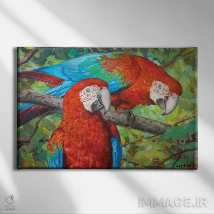 تابلو طوطیهای قرمز ۲(مکائو) اثر گابریل هرمیدا - نمای روبهرو روی دیوار