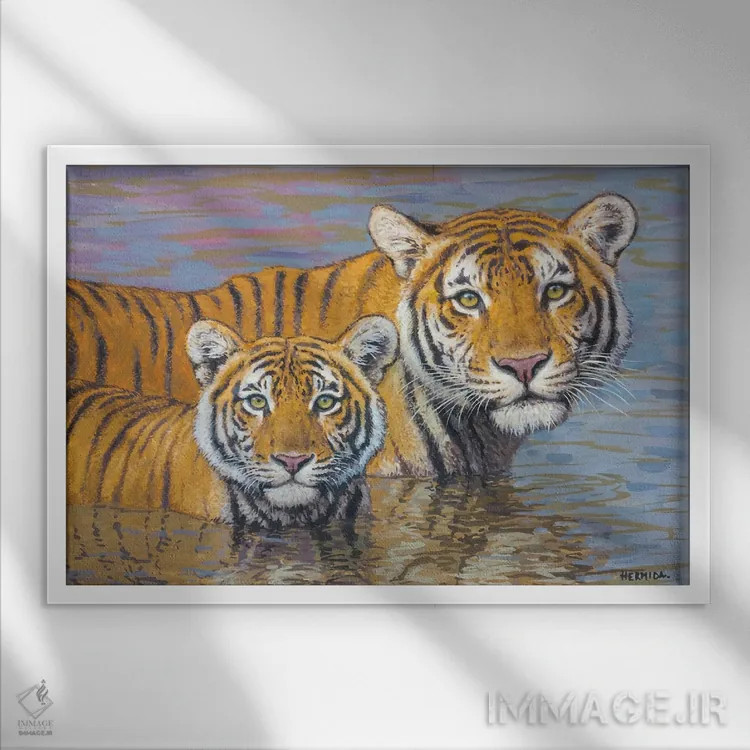 تابلو مادر و توله اثر گابریل هرمیدا - نمای قابدار سفید