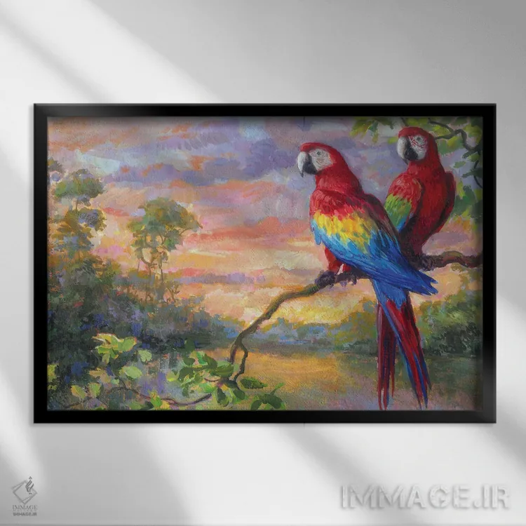 تابلو طوطیهای مکائو اثر گابریل هرمیدا - نمای قابدار مشکی