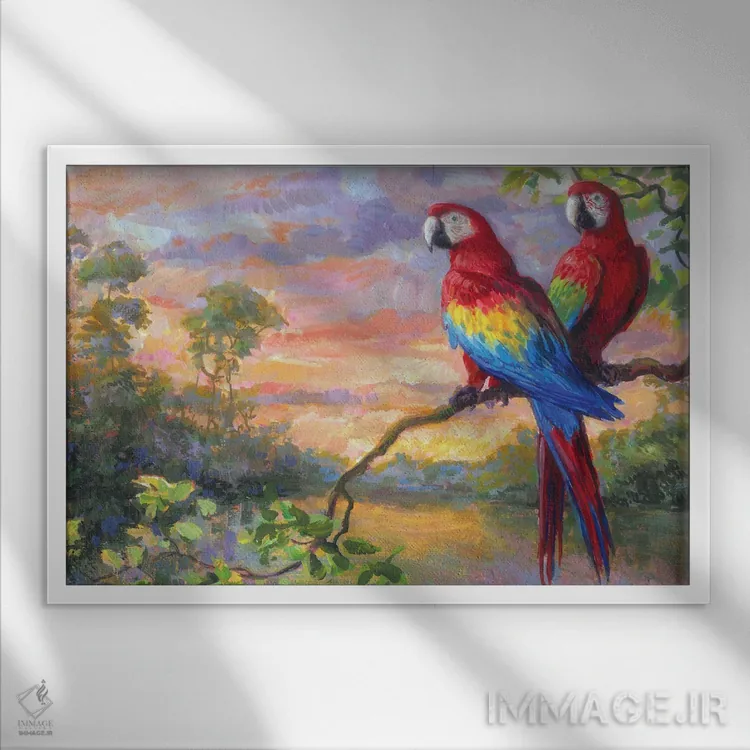 تابلو طوطیهای مکائو اثر گابریل هرمیدا - نمای قابدار سفید