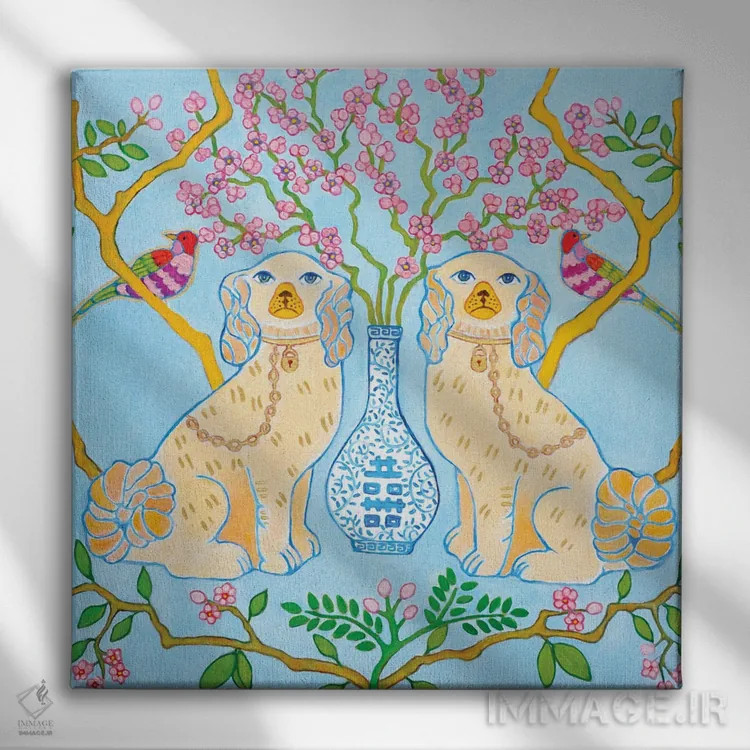 تابلو سگهای استافوردشایر با کوزه زنجبیلی آبی-سفید روی زمینه آبی اثر گرین ارکید بوتیک (بوتیک هنری) - نمای روبهرو روی دیوار
