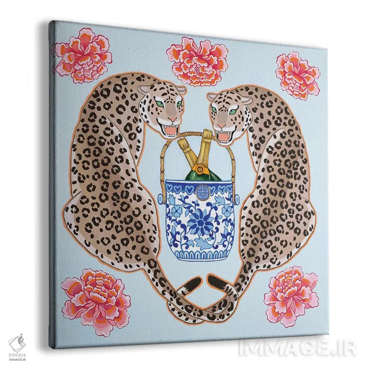تابلو یوزپلنگهای چینی با سطل شامپاین آبی و سفید اثر گرین ارکید بوتیک (بوتیک هنری) - نمای پرسپکتیو محصول