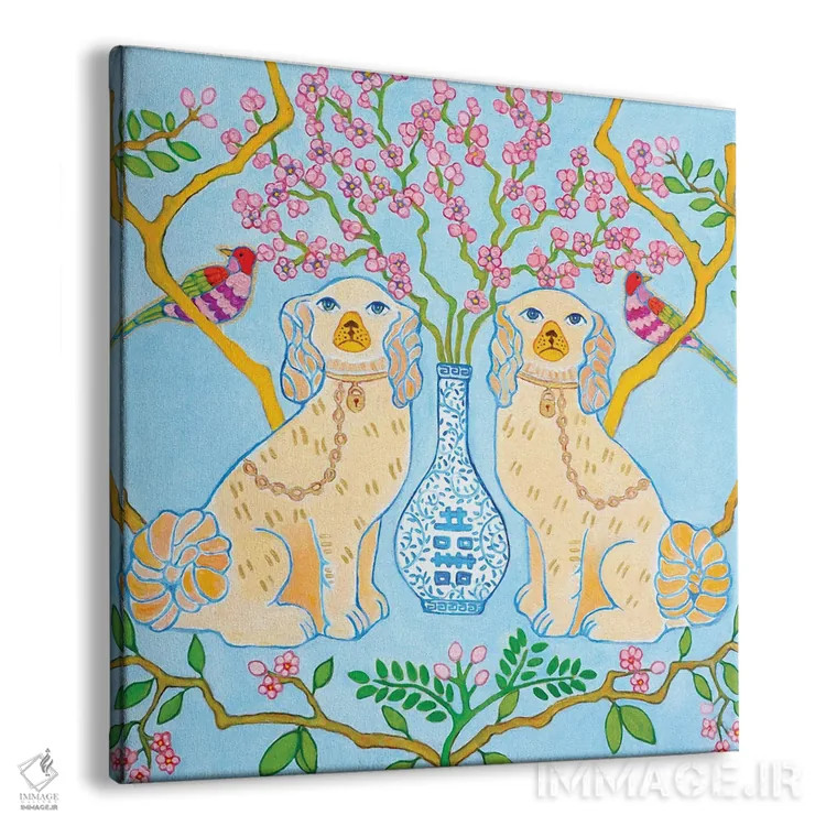تابلو سگهای استافوردشایر با کوزه زنجبیلی آبی-سفید روی زمینه آبی اثر گرین ارکید بوتیک (بوتیک هنری) - نمای پرسپکتیو محصول