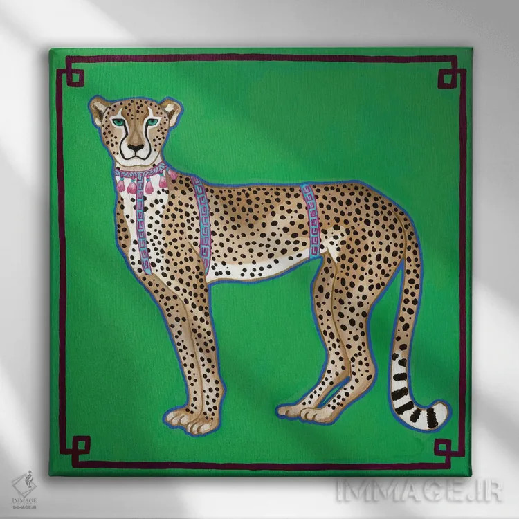 تابلو یوزپلنگ چینی روی سبز اثر گرین ارکید بوتیک (بوتیک هنری) - نمای روبهرو روی دیوار