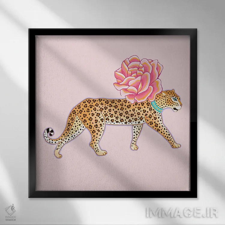 تابلو یوزپلنگ چینی با گل رز اثر گرین ارکید بوتیک (بوتیک هنری) - نمای قابدار مشکی