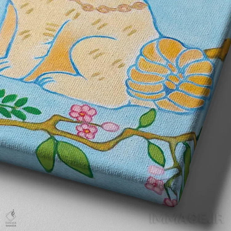 تابلو سگهای استافوردشایر با کوزه زنجبیلی آبی-سفید روی زمینه آبی اثر گرین ارکید بوتیک (بوتیک هنری) - نمای نزدیک بافت بوم