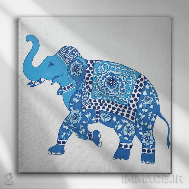 تابلو فیل چینی آبی و سفید ۱ اثر گرین ارکید بوتیک (بوتیک هنری) - نمای روبهرو روی دیوار