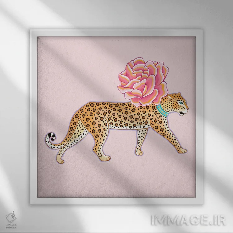 تابلو یوزپلنگ چینی با گل رز اثر گرین ارکید بوتیک (بوتیک هنری) - نمای قابدار سفید