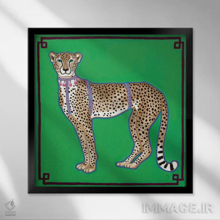 تابلو یوزپلنگ چینی روی سبز اثر گرین ارکید بوتیک (بوتیک هنری) - نمای قابدار مشکی