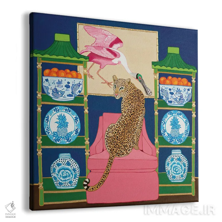 تابلو یوزپلنگ چینی در اتاق نشیمن با کوزه زنجبیلی آبیسفید و منقار قاشقی رزفام اثر گرین ارکید بوتیک (بوتیک هنری) - نمای پرسپکتیو محصول