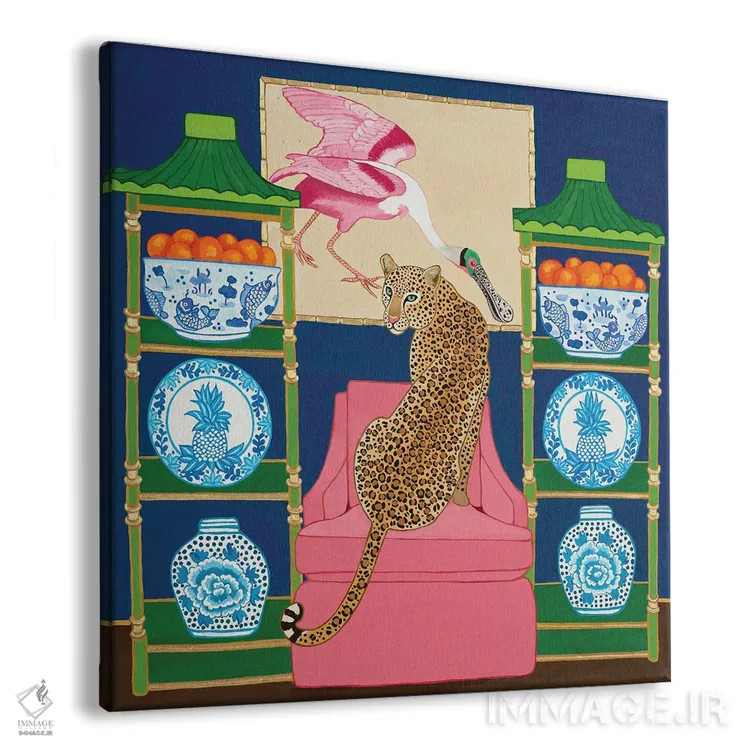 تابلو یوزپلنگ چینی در اتاق نشیمن با کوزه زنجبیلی آبیسفید و منقار قاشقی رزفام اثر گرین ارکید بوتیک (بوتیک هنری) - نمای پرسپکتیو محصول