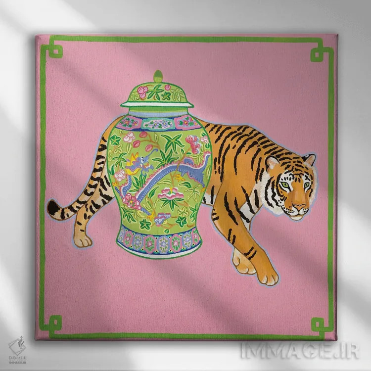 تابلو ببر چینی مدرن با کوزه زنجبیلی اژدها اثر گرین ارکید بوتیک (بوتیک هنری) - نمای روبهرو روی دیوار
