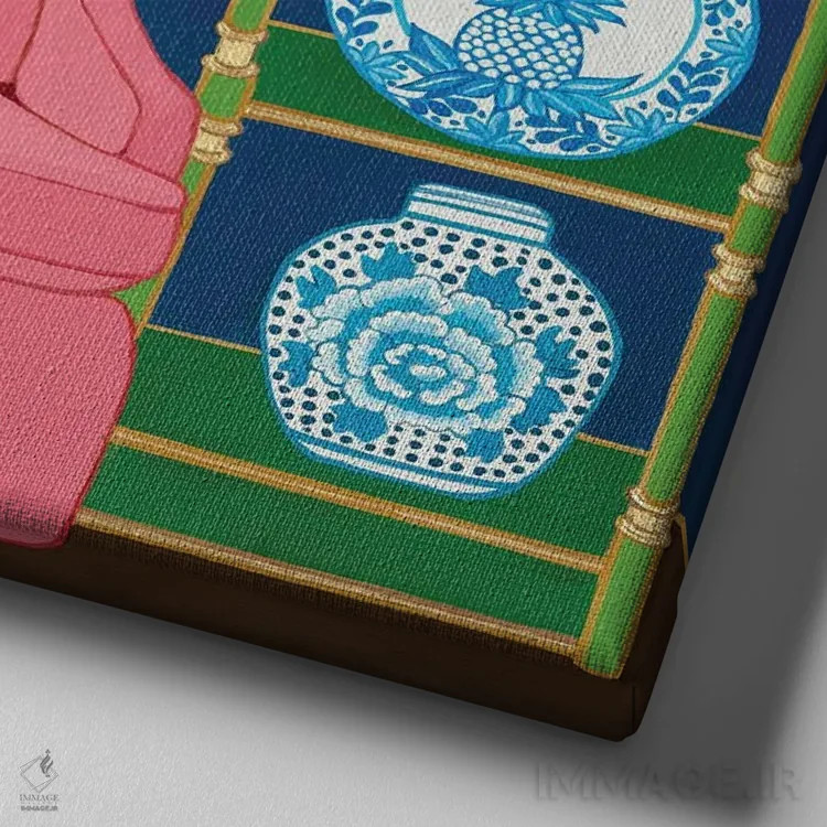 تابلو یوزپلنگ چینی در اتاق نشیمن با کوزه زنجبیلی آبیسفید و منقار قاشقی رزفام اثر گرین ارکید بوتیک (بوتیک هنری) - نمای نزدیک بافت بوم