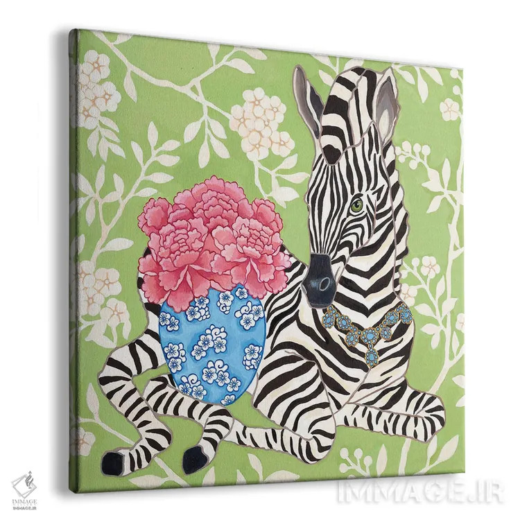 تابلو گورخر شیک با کوزه زنجبیلی و گل صدتومانی روی کاغذدیواری چینی اثر گرین ارکید بوتیک (بوتیک هنری) - نمای پرسپکتیو محصول