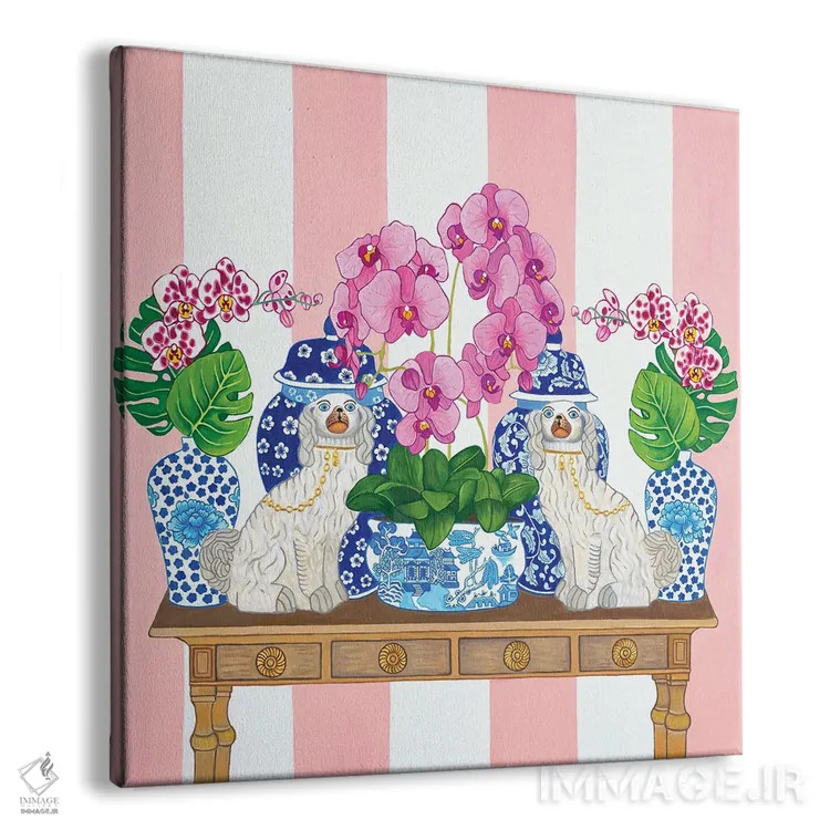 تابلو سگهای استافوردشایر چینی روی میز با ارکیده، برگ مانسترا و کوزه زنجبیلی اثر گرین ارکید بوتیک (بوتیک هنری) - نمای پرسپکتیو محصول