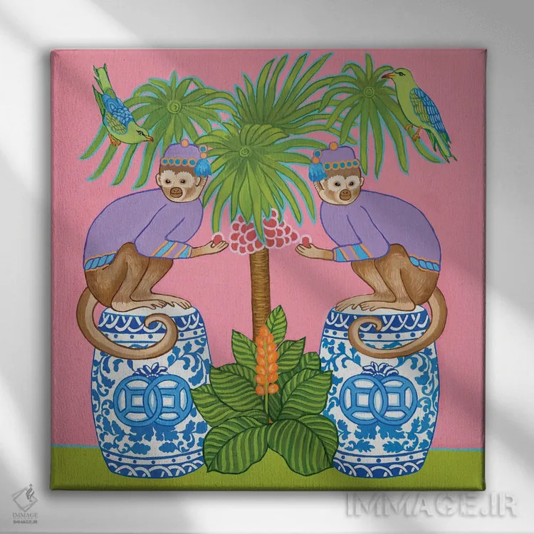 تابلو میمونهای چینی روی چهارپایه باغ آبی و سفید زیر نخل استوایی اثر گرین ارکید بوتیک (بوتیک هنری) - نمای روبهرو روی دیوار