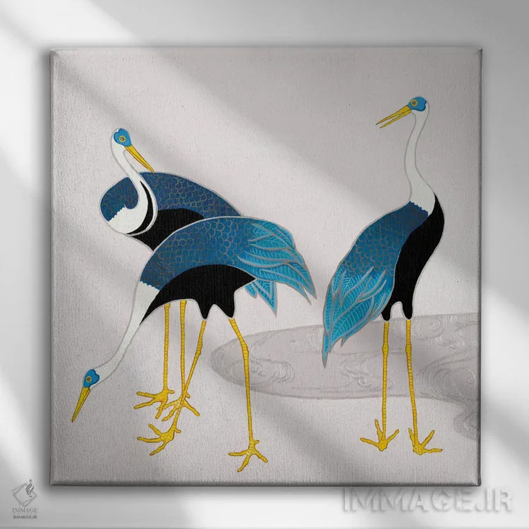 تابلو درناهای ژاپنی آبی و سفید روی ارغوانی ۱ اثر گرین ارکید بوتیک (بوتیک هنری) - نمای روبهرو روی دیوار