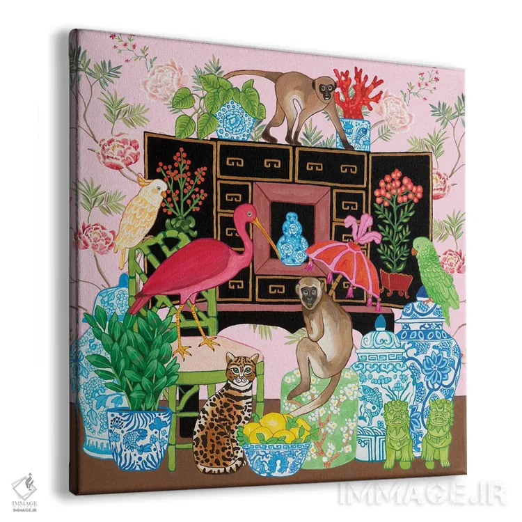 تابلو میمون و گربه چینی در اتاق نشیمن با کوزه زنجبیلی و سگهای فو اثر گرین ارکید بوتیک (بوتیک هنری) - نمای پرسپکتیو محصول