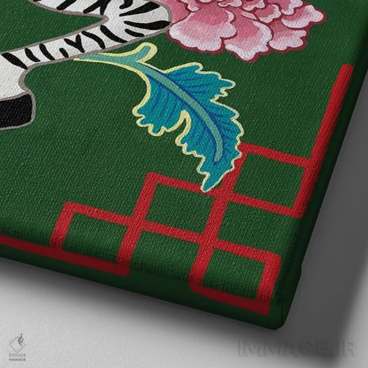 تابلو گورخر چینی با گل صدتومانی آسیایی اثر گرین ارکید بوتیک (بوتیک هنری) - نمای نزدیک بافت بوم