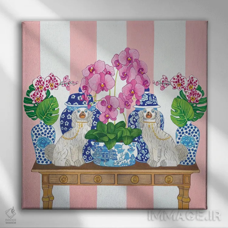 تابلو سگهای استافوردشایر چینی روی میز با ارکیده، برگ مانسترا و کوزه زنجبیلی اثر گرین ارکید بوتیک (بوتیک هنری) - نمای روبهرو روی دیوار