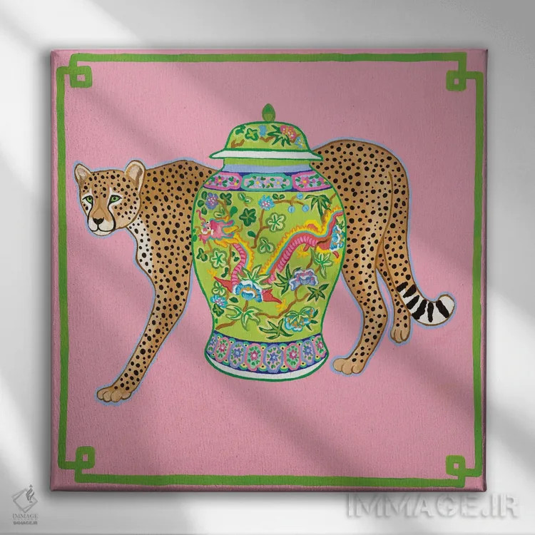 تابلو یوزپلنگ چینی مدرن با کوزه زنجبیلی اژدها اثر گرین ارکید بوتیک (بوتیک هنری) - نمای روبهرو روی دیوار