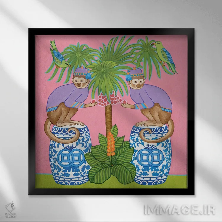 تابلو میمونهای چینی روی چهارپایه باغ آبی و سفید زیر نخل استوایی اثر گرین ارکید بوتیک (بوتیک هنری) - نمای قابدار مشکی