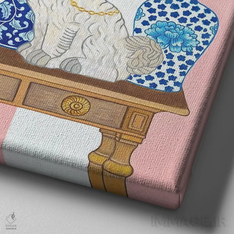 تابلو سگهای استافوردشایر چینی روی میز با ارکیده، برگ مانسترا و کوزه زنجبیلی اثر گرین ارکید بوتیک (بوتیک هنری) - نمای نزدیک بافت بوم