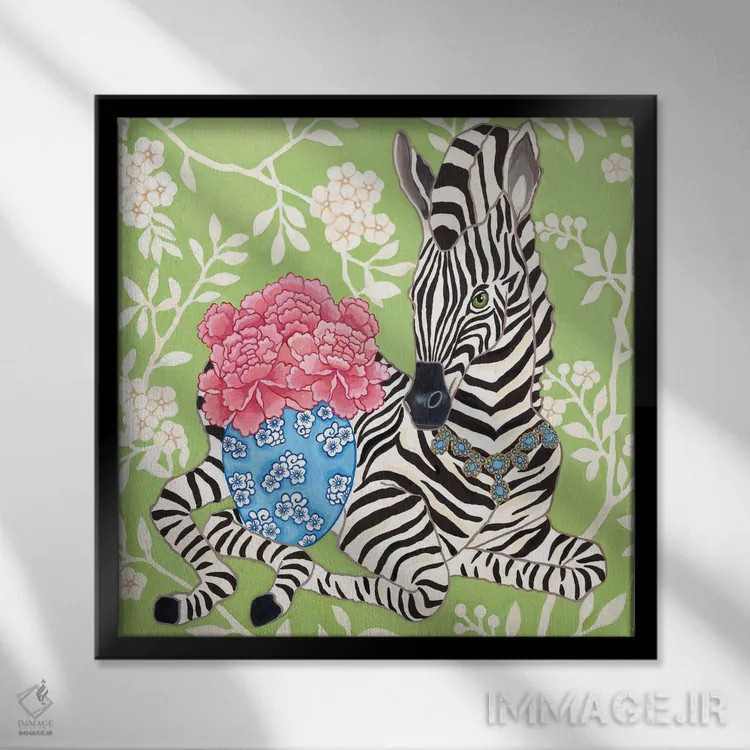 تابلو گورخر شیک با کوزه زنجبیلی و گل صدتومانی روی کاغذدیواری چینی اثر گرین ارکید بوتیک (بوتیک هنری) - نمای قابدار مشکی