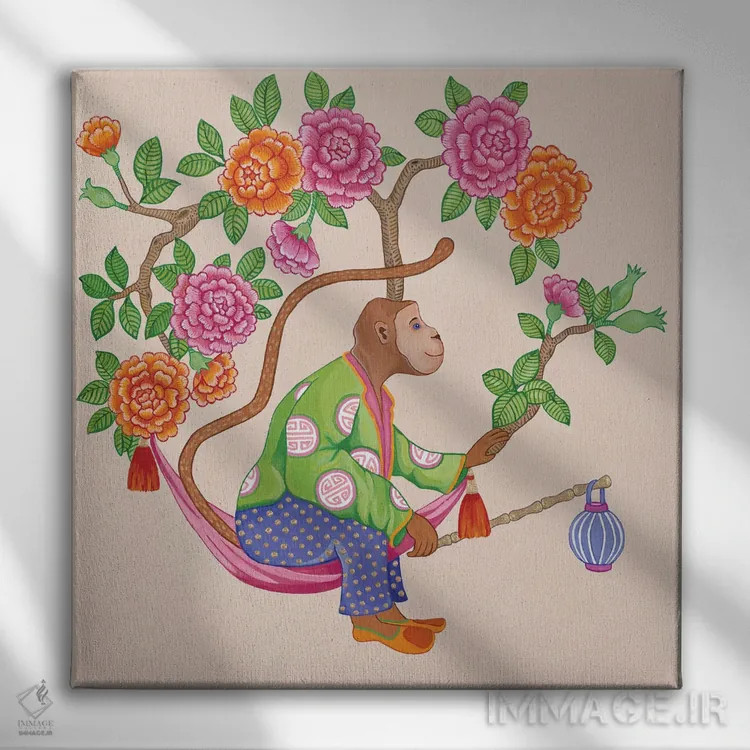 تابلو میمونهای چینی با گل صدتومانی و رز ۱ اثر گرین ارکید بوتیک (بوتیک هنری) - نمای روبهرو روی دیوار
