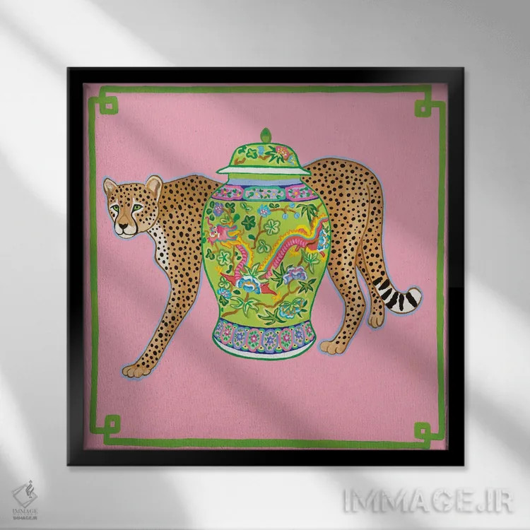 تابلو یوزپلنگ چینی مدرن با کوزه زنجبیلی اژدها اثر گرین ارکید بوتیک (بوتیک هنری) - نمای قابدار مشکی