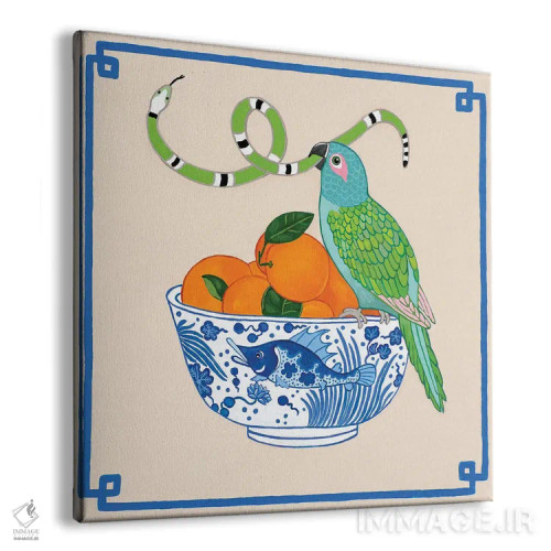 تابلو طوطی با مارها روی تنگ ماهی چینی با پرتقال اثر گرین ارکید بوتیک (بوتیک هنری) - نمای پرسپکتیو محصول