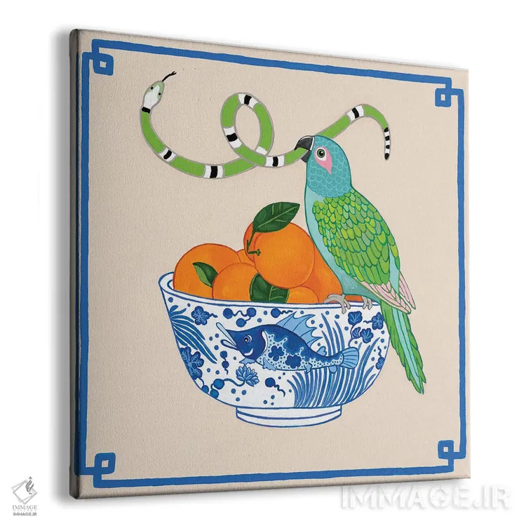 تابلو طوطی با مارها روی تنگ ماهی چینی با پرتقال اثر گرین ارکید بوتیک (بوتیک هنری) - نمای پرسپکتیو محصول