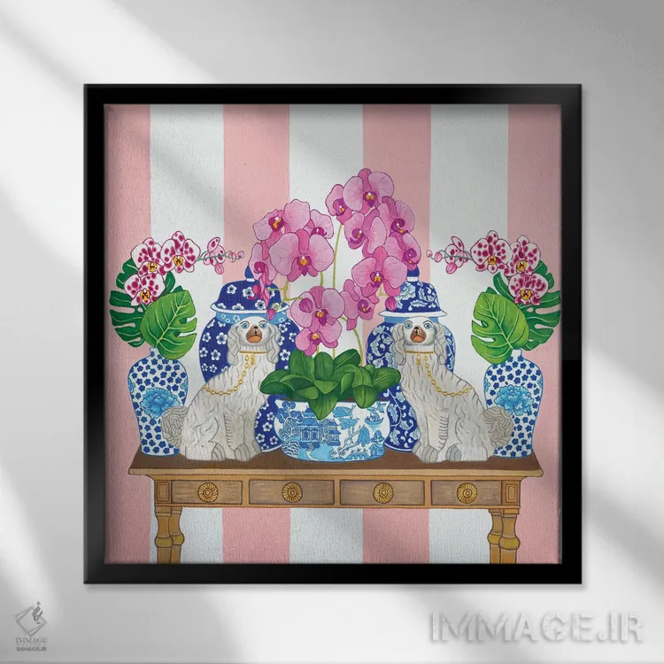 تابلو سگهای استافوردشایر چینی روی میز با ارکیده، برگ مانسترا و کوزه زنجبیلی اثر گرین ارکید بوتیک (بوتیک هنری) - نمای قابدار مشکی