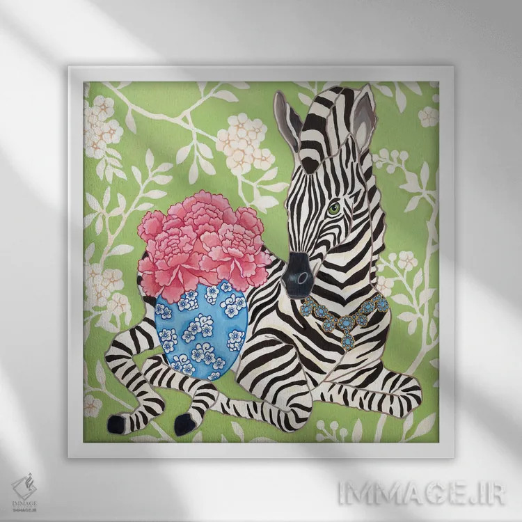 تابلو گورخر شیک با کوزه زنجبیلی و گل صدتومانی روی کاغذدیواری چینی اثر گرین ارکید بوتیک (بوتیک هنری) - نمای قابدار سفید