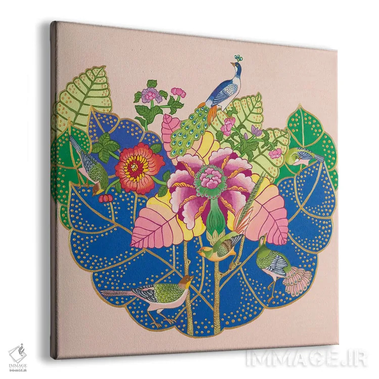 تابلو طرح چینی برگ توتون با پرندگان استوایی و طاووس اثر گرین ارکید بوتیک (بوتیک هنری) - نمای پرسپکتیو محصول