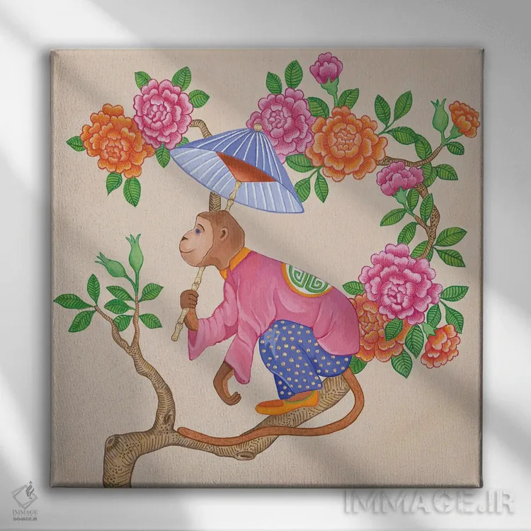 تابلو میمونهای چینی با گل صدتومانی و رز ۲ اثر گرین ارکید بوتیک (بوتیک هنری) - نمای روبهرو روی دیوار