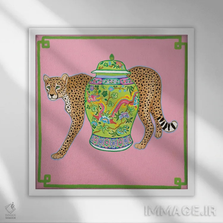 تابلو یوزپلنگ چینی مدرن با کوزه زنجبیلی اژدها اثر گرین ارکید بوتیک (بوتیک هنری) - نمای قابدار سفید